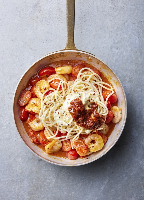 Prawn, tomato and harissa spaghetti