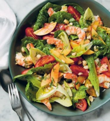 Prawn, tomato, nectarine and hazelnut salad