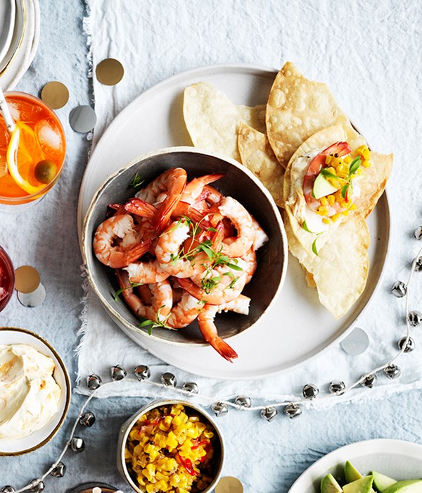 Prawn tostadas with corn relish and chipotle crème fraîche