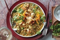 Prawn, zucchini flowers and saffron risotto