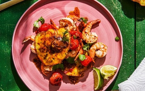 Prawns and corn pancakes with chipotle-sherry butter