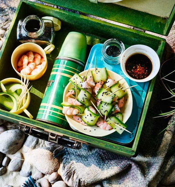Prawns in cucumber 'noodles' with a Japanese dipping sauce