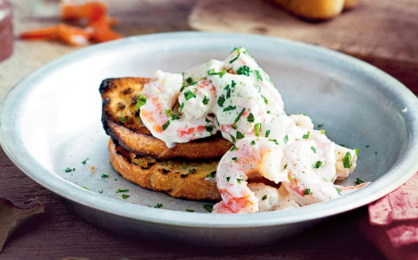 Prawns on toast with lemon myrtle mayonnaise