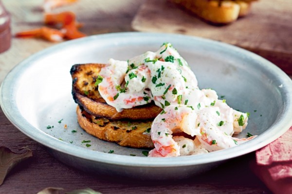 Prawns on toast with lemon myrtle mayonnaise