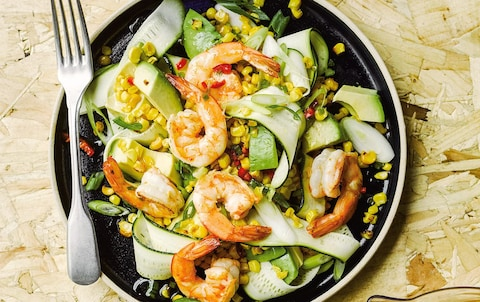 Prawns, roasted corn, courgette and avocado salad with chilli-lime dressing