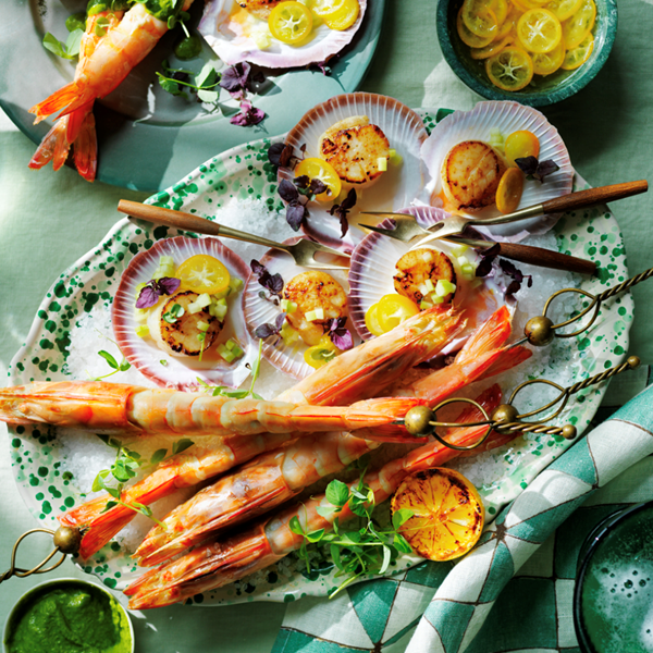 Prawns with basil verde and seared scallops with ponzu pickled cumquats [Clare Maguire]