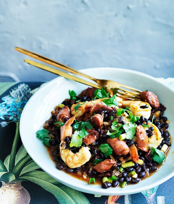 Prawns with black beans, chorizo and chipotle