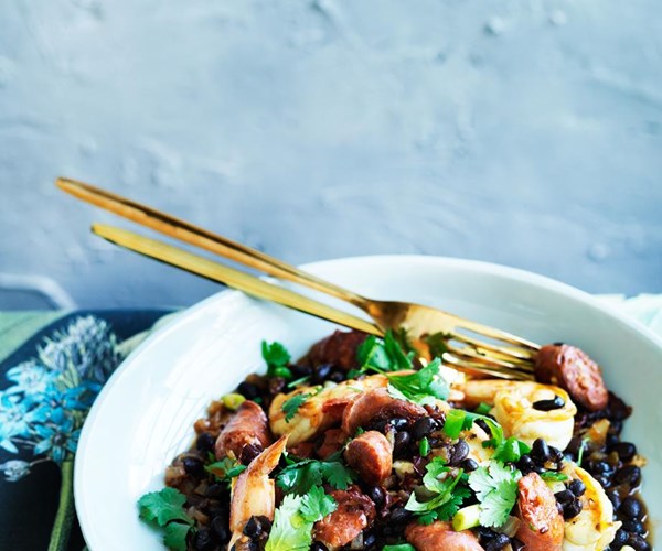 Prawns with black beans, chorizo and chipotle
