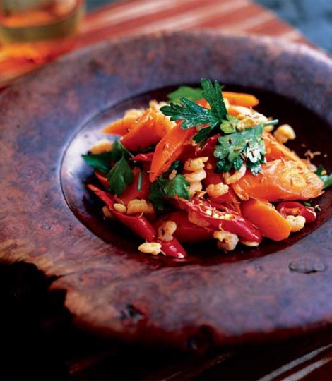 Prawns with carrots, chilli and cumin