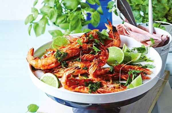 Prawns with chimichurri and watermelon salad