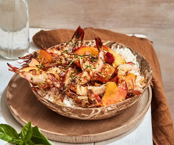Prawns with coconut rice and sambal