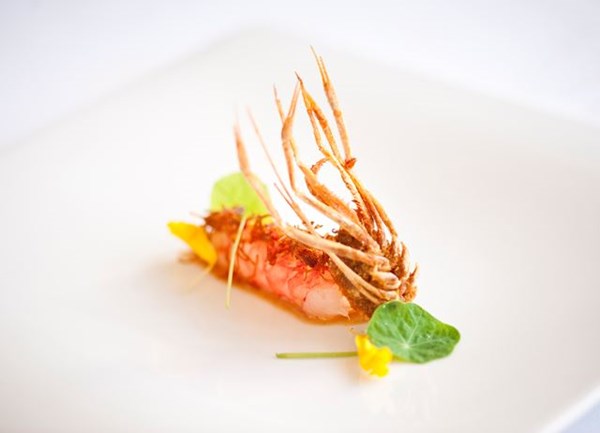 Prawns with dried scallops and roasted almond cream