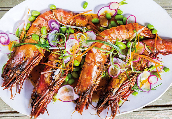 Prawns with edamame slaw and carrot-miso sauce
