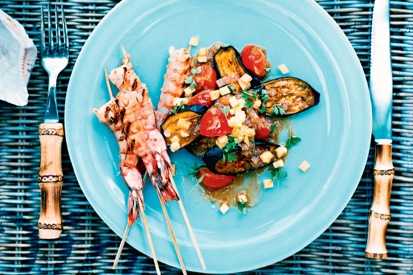 Prawns with eggplant salad