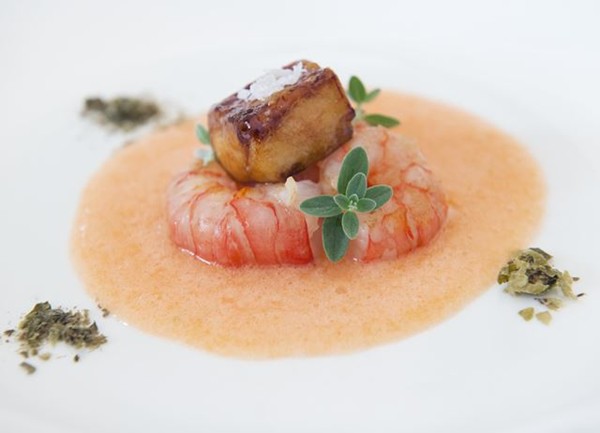Prawns with foie gras, melon gazpacho and dehydrated capers