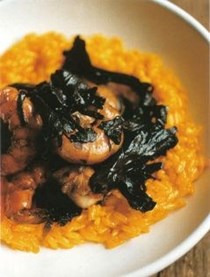 Prawns with horn of plenty mushrooms and saffron rice