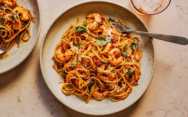 Prawns with ’nduja, ricotta and linguine