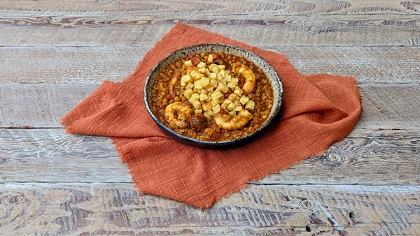Prawns with split pea sauce (Khoresh-e ‘gheymeh’ ba meygoo)