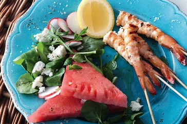 Prawns with watermelon, watercress & feta salad