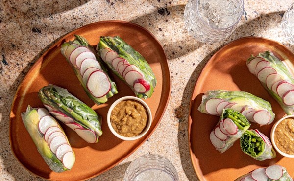 Prelude-to-summer rolls with ginger-walnut sauce