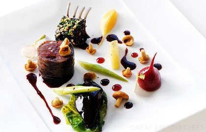 Preparation of hare with baby leeks and quince