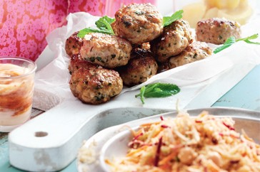 Preserved lemon & chicken cakes with rainbow couscous