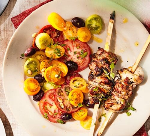Preserved lemon chicken skewers with summer tomato salad