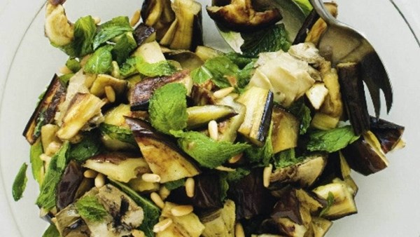 Preserved lemon chicken with eggplant, artichokes and mint