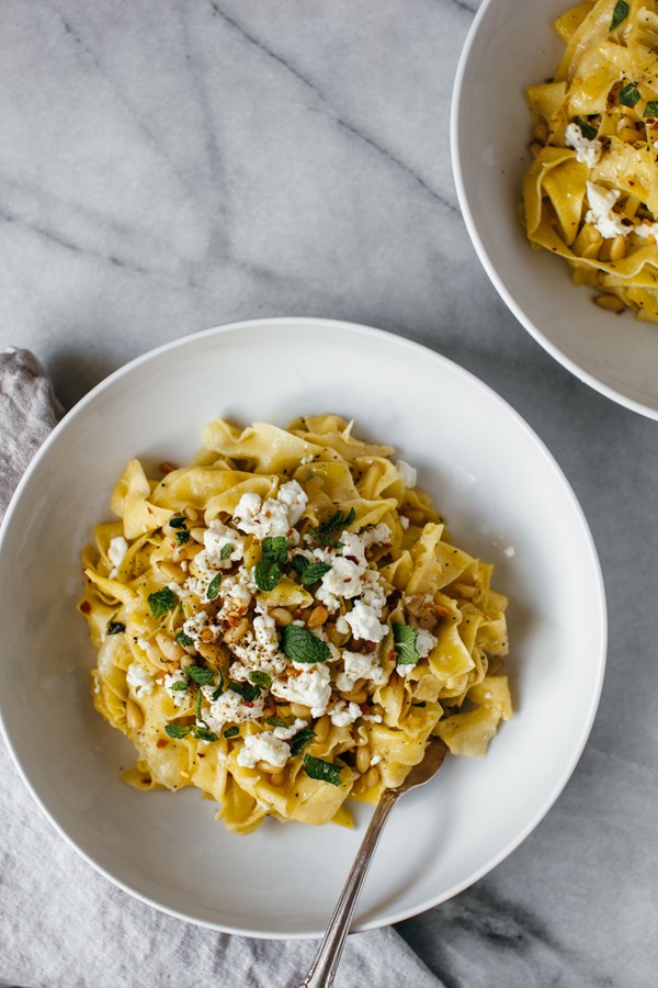 Preserved lemon pappardelle with fried pine nuts, feta, and mint