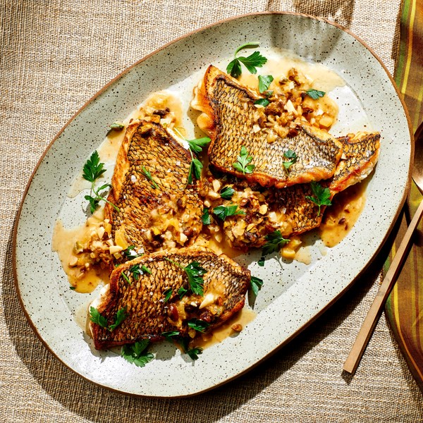 Preserved lemon-pistachio sauce with black bass