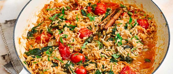 Preserved lemon, spinach and cherry tomato pilaf