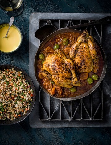 Preserved lemons poussin with tabbouleh and saffron yogurt