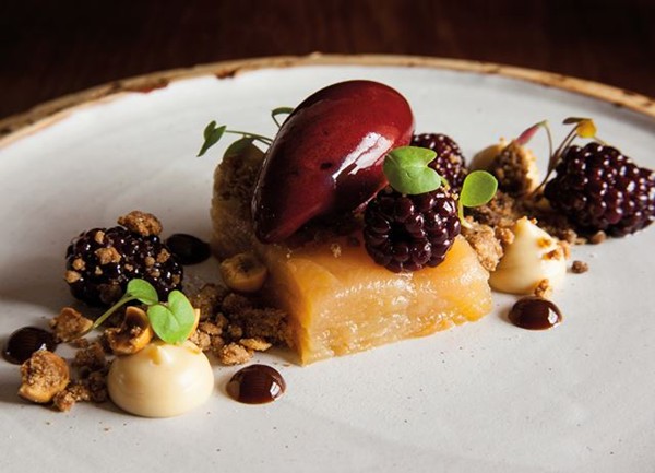 Pressed apple with elderberry sorbet and cobnut crumble (Hedgerow)