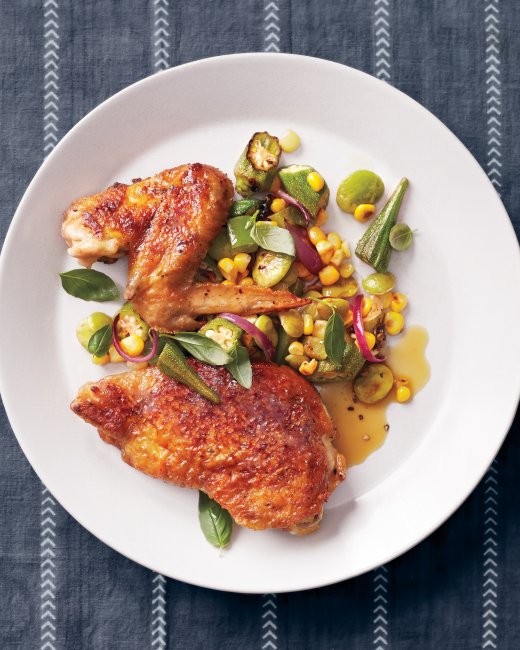 Pressed chicken with okra succotash