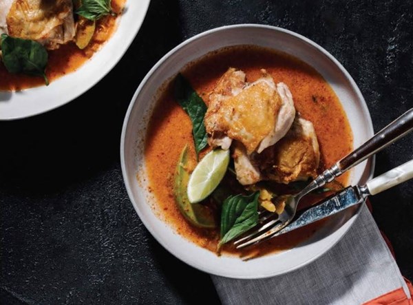 Pressed crisp chicken thighs with red curry, coconut, Thai basil, and avocado