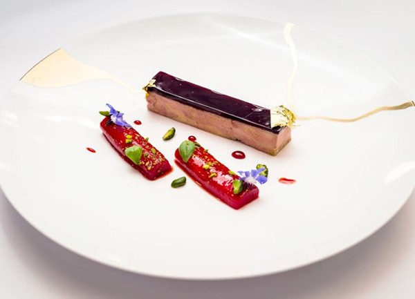 Pressed duck foie gras with rhubarb and pistachios