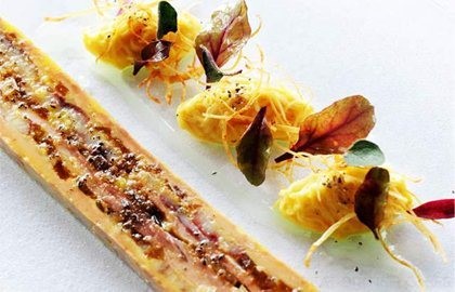 Pressing of lightly smoked eel with foie gras, pork belly and Granny Smith apple