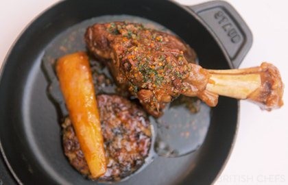 Pressure-cooked braised Welsh lamb fore shank with parsnip bubble and squeak and smoked bacon sauce