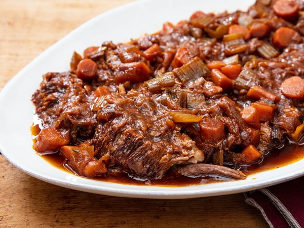 Pressure cooker Jewish-style braised brisket with onions and carrots