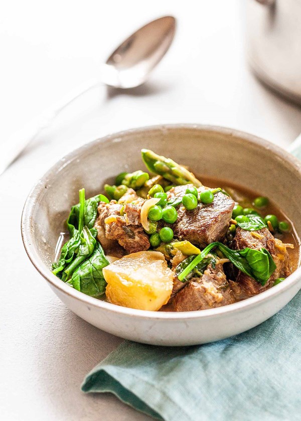 Pressure cooker lamb stew with spring vegetables