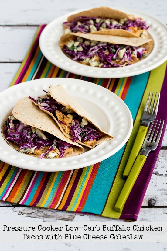 Pressure cooker low-carb Buffalo chicken tacos with blue cheese coleslaw