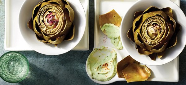 Pressure-steamed whole artichokes [lemon aïoli dipping sauce]