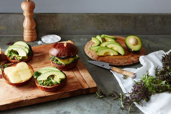 Pretzel avocado sandwich