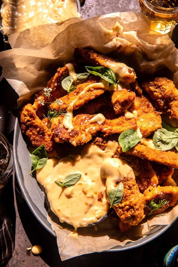 Pretzel chicken fingers with honey mustard cheese sauce