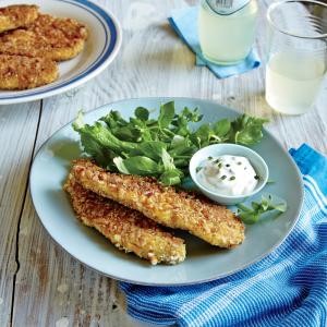 Pretzel-crusted chicken breast tenders with garlicky dipping sauce