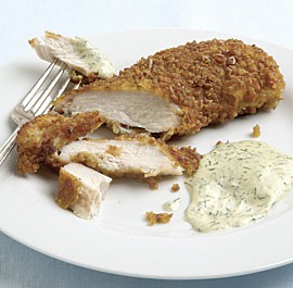 Pretzel-crusted chicken breasts with mustard-dill dipping sauce