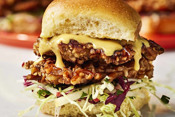 Pretzel-crusted chicken sliders with cabbage-apple slaw