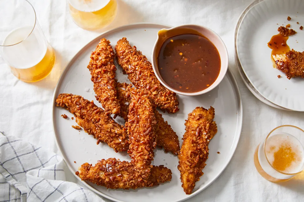 Pretzel-crusted chicken tenders with honey mustard caramel