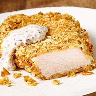 Pretzel-crusted pork cutlets with mustard sauce