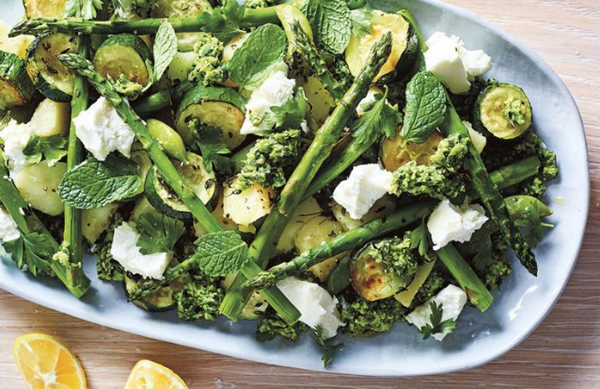Primavera bake with pea & pumpkin seed pesto
